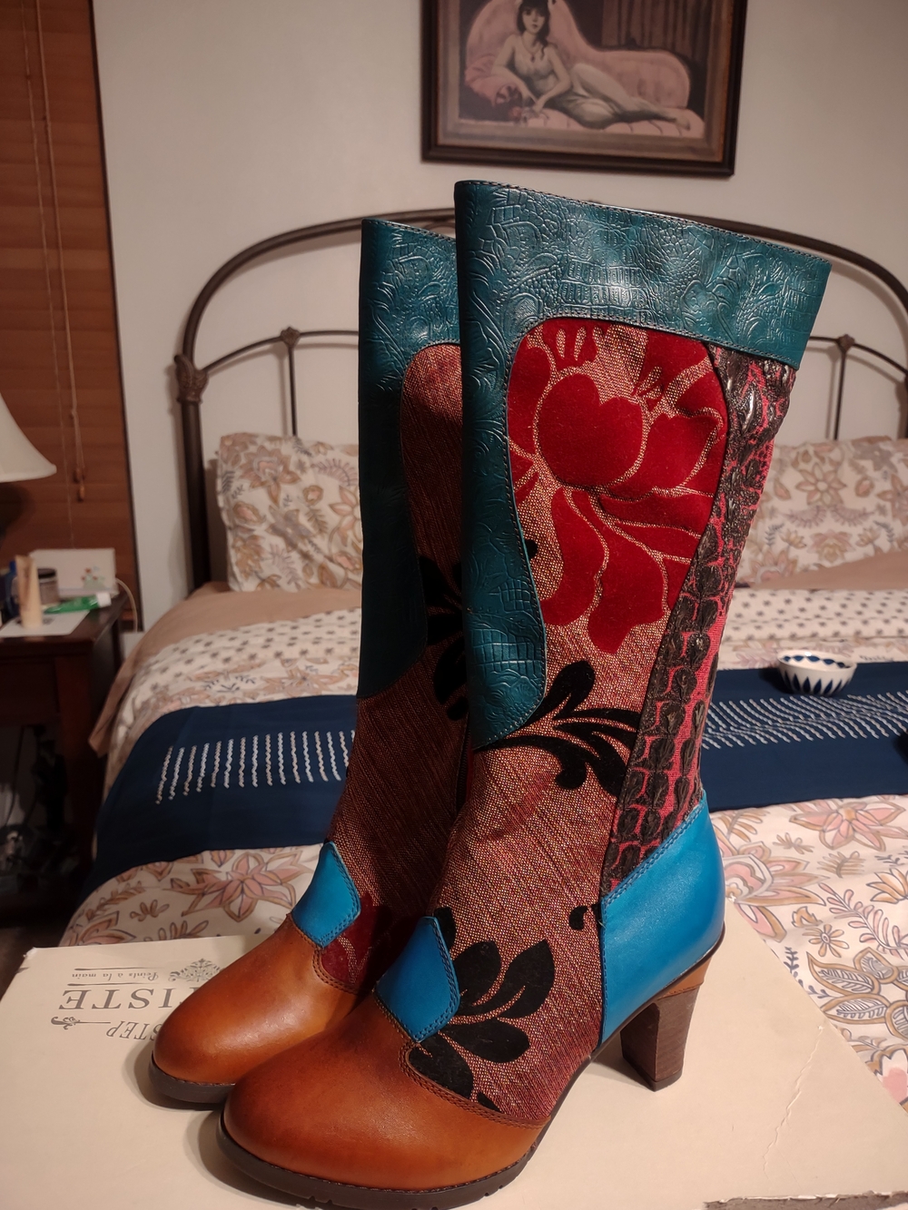 L'ATISTE Teal, Red & Brown Floral Mid-Calf Heeled Boots